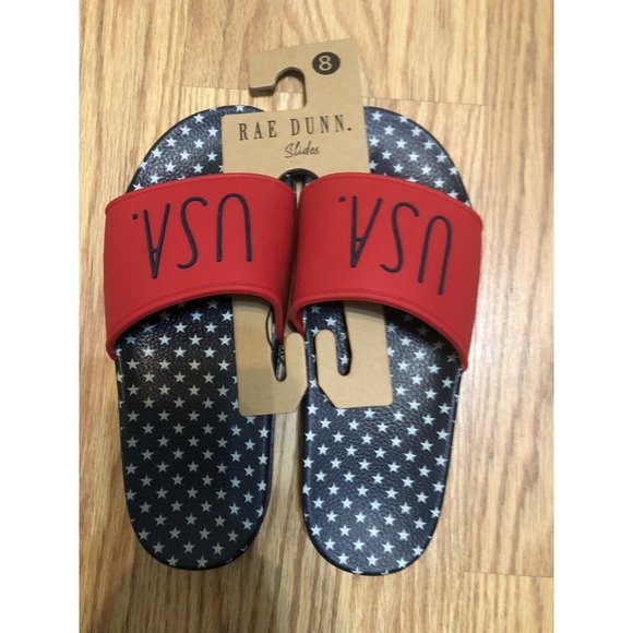 Rae Dunn Womens Slides USA Size 8 Red Blue White Stars 4th July Shoes Patriotic - Picture 3 of 6